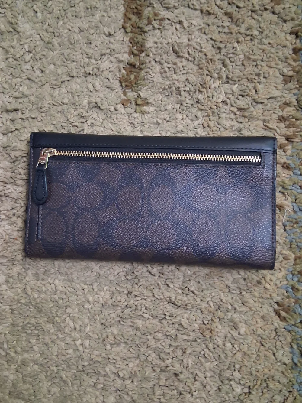 Coach Black Leather Continental Wallet with Brown Signature Trim